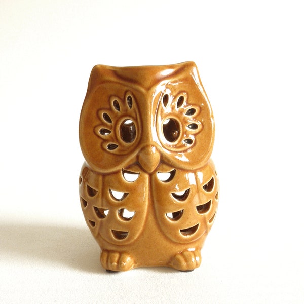 Vintage Ceramic Owl Candle Holder- 6" Tall Brown Ceramic Owl Tea Light Candle Holder- Retro Home Decor