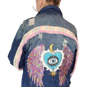 Pink Jean Jacket: Embroidered Evil Eye, Mirrorwork & Iridescent Wings