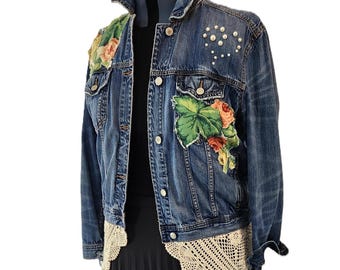 Upcycled Denim Jacket, Crochet Lace, Floral Appliqué, Boho Shabby Chic