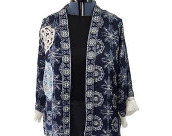 Upcycled Kimono Jacket - Navy Mandala, Crochet Lace Accents