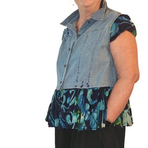 Upcycled Denim Vest 2X – Blue Pearl Detail, Chiffon Ruffle Cap Sleeves & Waist