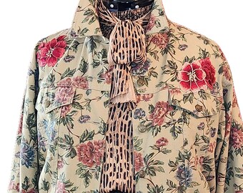 Upcycled Floral Embroidered Denim Jacket: Boho Burgundy Trim