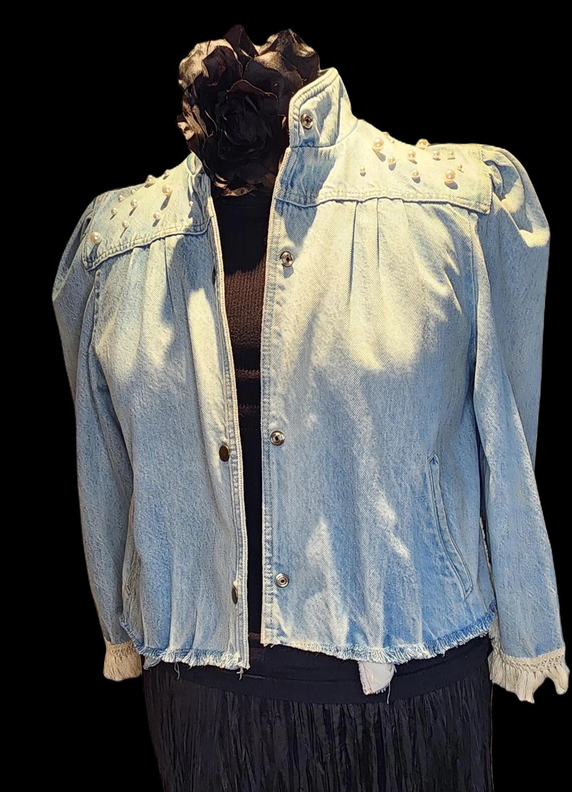 Reworked Jean Jacket Bohemian, Puffed Sleeve, Cream Lace, Tassels and ...