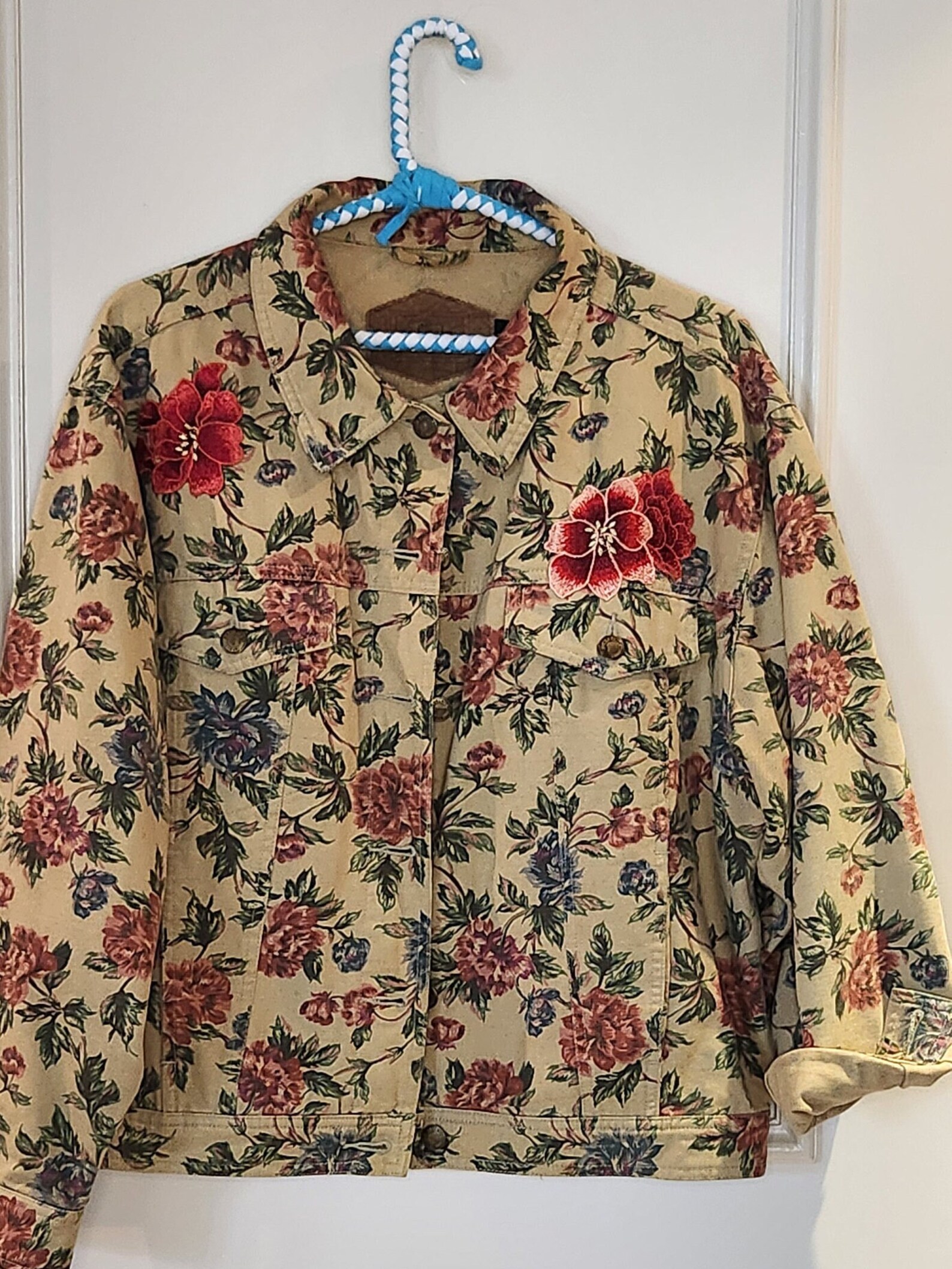 Bonjour Diary Quilted jacket, Denim Garden flowers print Red stripe print piping