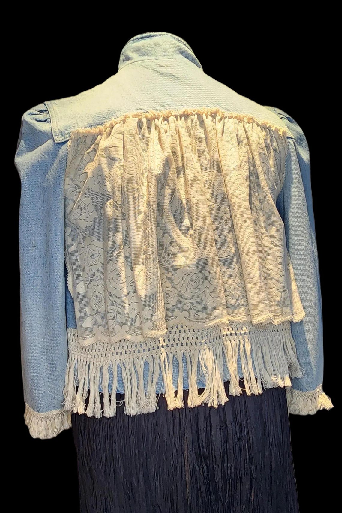 Reworked Jean Jacket Bohemian, Puffed Sleeve, Cream Lace, Tassels and ...