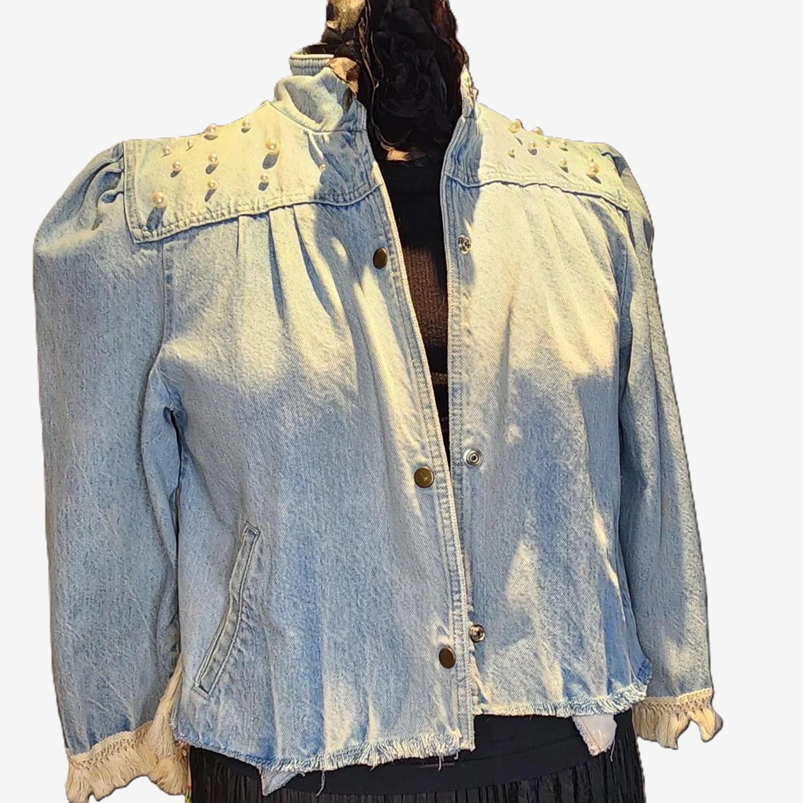 Reworked Jean Jacket Bohemian, Puffed Sleeve, Cream Lace, Tassels and ...