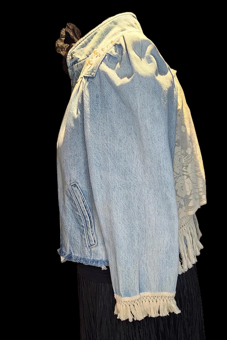 Reworked Jean Jacket Bohemian, Puffed Sleeve, Cream Lace, Tassels and ...