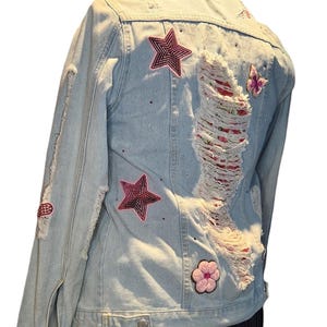 Upcycled Jean Jacket: Light Blue with Star, Heart & Flower Patches