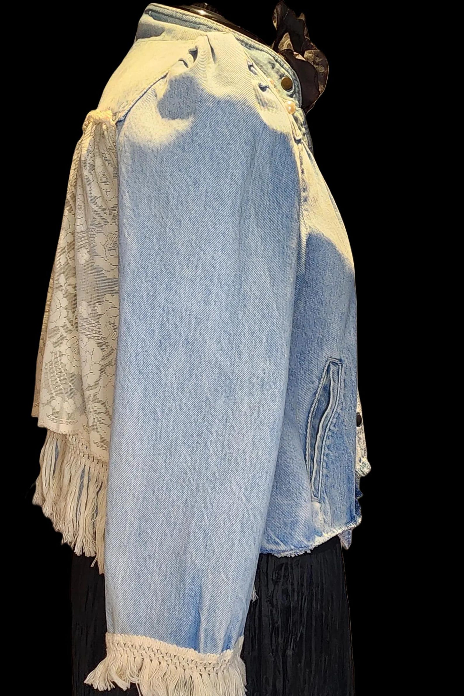 Reworked Jean Jacket Bohemian, Puffed Sleeve, Cream Lace, Tassels and ...