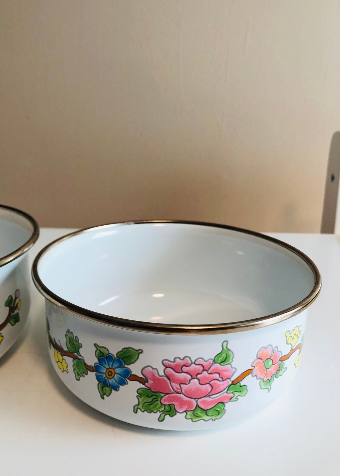 Kamenstein Enamel Mixing Bowls White Floral Set of 3 Nesting Etsy