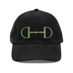 Vintage Corduroy Cap: Embroidered Green Horse Bit Design