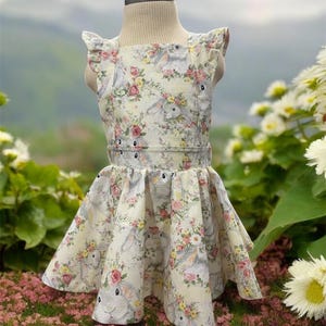 Handmade Girls Easter Dress – Bunny & Floral Print – Cotton – Toddler Spring Outfit – Ruffle Sleeve Twirl Dress – Baby Girl birthday outfit