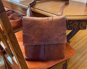 Boho Tooled Leather Bag. Brown Shoulder or Crossbody Bag with Saddlebag front flap and magnetic closure. Well used vintage with "the look".