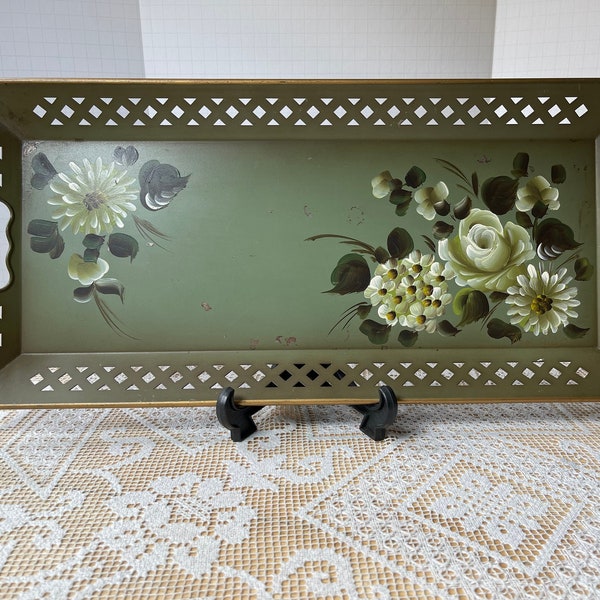 Vintage NASHCO Metal Tray. Hand-painted sage green with white roses & mums. Designed with pierced sides and punched handles. Mid-century.