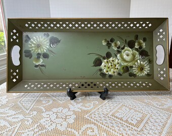 Vintage NASHCO Metal Tray. Hand-painted sage green with white roses & mums. Designed with pierced sides and punched handles. Mid-century.