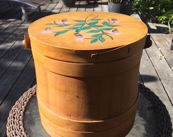 Antique Wood Bucket with Handle. Firkin with hand-painted fuchsia flowers on lid. Dates to the 1920's. Wonderful storage for any room.