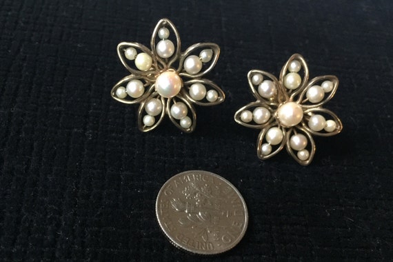 Vintage Faux Pearl Earrings, Star or Flower-shape… - image 1