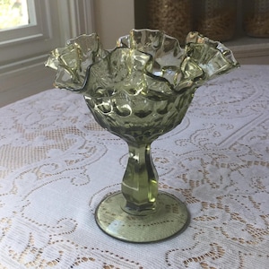 Vintage Fenton Avocado Green Pedestal Compote or Bonbon. Thumbprint & Ruffled Edge. MCM art glass.