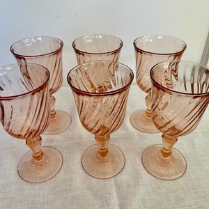 Vintage Luminarc Wine Glasses. Set of 6 Rosaline Wine Glasses. Elegant, swirled blown glass by Cristal D'Arques, France. Vintage 1980s.