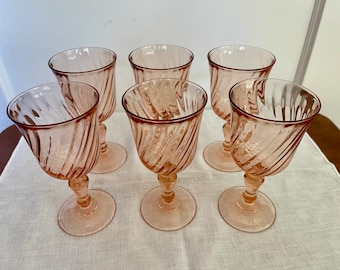 Vintage Luminarc Wine Glasses. Set of 6 Rosaline Wine Glasses. Elegant, swirled blown glass by Cristal D'Arques, France. Vintage 1980s.