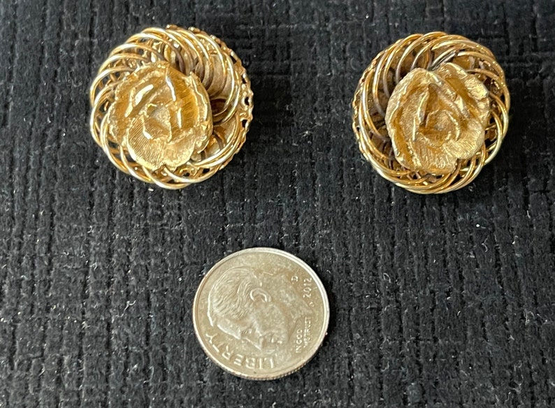 Florenza Gold Rose Earrings, Vintage 1960s. Elegant, Clip Back Earrings framed with scrollwork. 3/4 in diam. Valentine. Gift Box incl. image 3