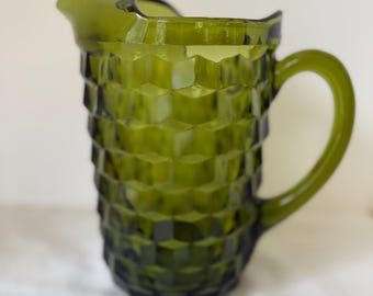 Avocado Green Pitcher from the 1960s.  Colony Whitehall cubist pattern by Indiana Glass.