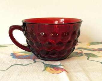 Vintage Ruby Red Cup. Bubble pattern from Anchor Hocking. 1930s Pattern Glass. Collect, use or replace. No defects.