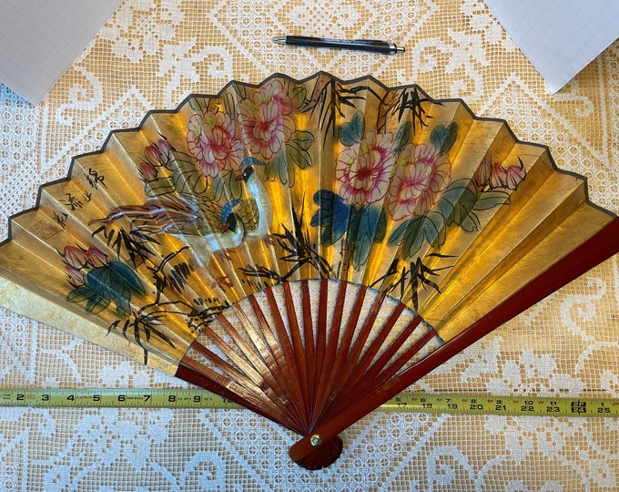 Vintage Chinese Wall Fan With Birds & Colorful Flowers Hand Painted on