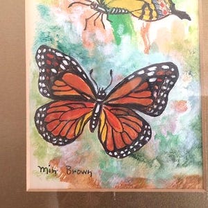 Vintage Butterfly Painting. Framed under glass & ready to hang. These cheerful creatures appear in vibrant colors. Signed by the artist. image 2