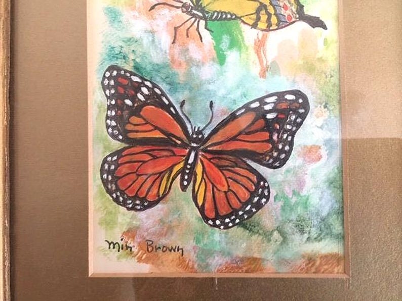 Vintage Butterfly Painting. Framed under glass & ready to hang. These cheerful creatures appear in vibrant colors. Signed by the artist. image 2