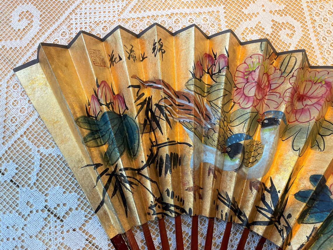 Vintage Chinese Wall Fan With Birds & Colorful Flowers Hand Etsy