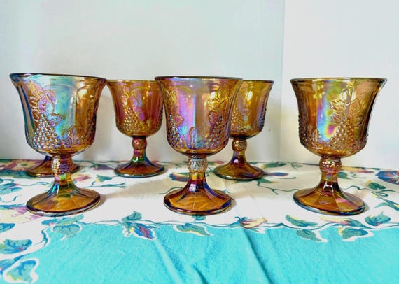 Vintage Goblets Set of 6. Marigold Carnival Glass. Harvest Grape Pattern by Indiana Glass. Iridescent amber.