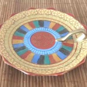 Antique Japanese Porcelain Plate. Colorful handled server or trinket dish. Geometric pattern. Marked RS Japan. 6-1/4" diam.