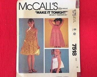 Vintage Girl's Dress Pattern. Easy McCall's Size 6 Summer Dress, Sleeveless and Flared. Dresses and Tops" Uncut dated 1981.