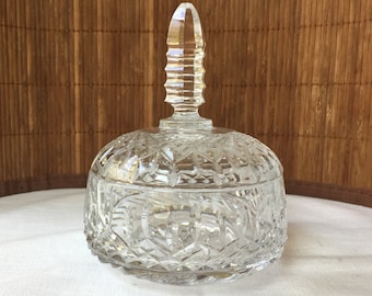 Irish Crystal Covered Candy Dish with cut crystal handle. Vintage and Perfect with original sticker. Large Bowl 4 1/2&quot; diameter. Great Gift!
