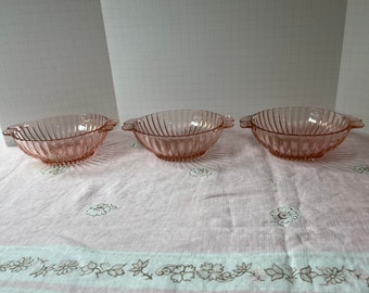 Queen Mary Pink Glass Bowls. 3 Handled Soup Bowls by Hocking Glass Co. Beautiful, collectible ribbed pattern. Depression Glass. No defects.