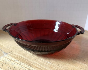 Coronation Royal Ruby Berry Serving Bowl. Large round bowl is 7-7/8" with lovely scrolled handles. Vintage 1930s by Anchor Hocking.