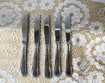 Dessert Knives. Set of 5 Stainless Steel knives for cheese, fruit, etc. Shiny flatware with scrolled end. Replacements. Individual butter.
