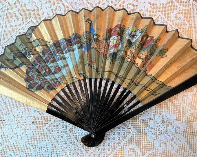 Vintage Large Chinese Wall Fan With Peacock & Colorful Flowers Hand