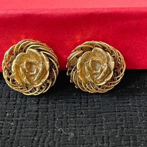 Florenza Gold Rose Earrings, Vintage 1960s. Elegant, Clip Back Earrings framed with scrollwork. 3/4 in diam. Valentine. Gift Box incl. image 1