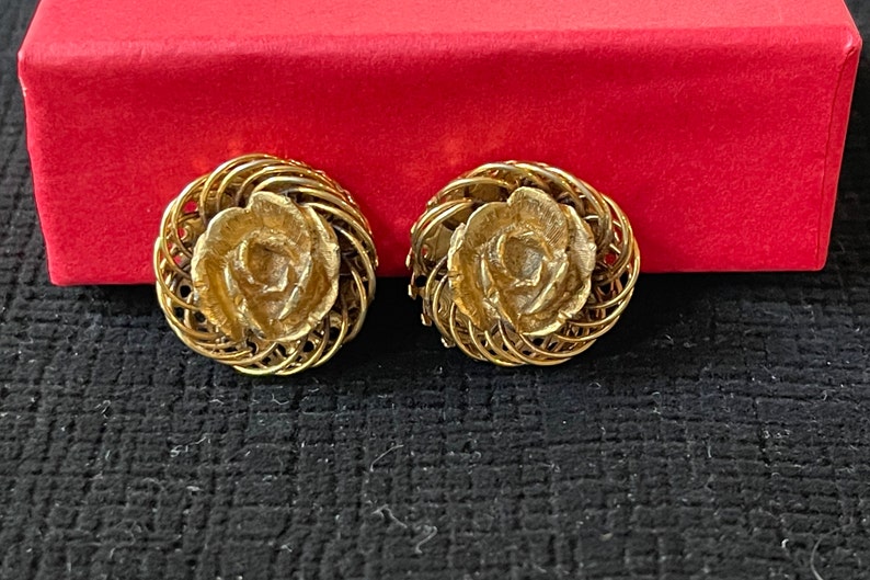 Florenza Gold Rose Earrings, Vintage 1960s. Elegant, Clip Back Earrings framed with scrollwork. 3/4 in diam. Valentine. Gift Box incl. image 1