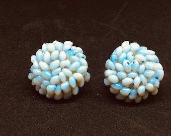 Vintage Aqua Cluster Earrings. Pastel blue Agate bead clusters. Handmade 1" diameter. Very pretty & unusual mid-century clip-backs.