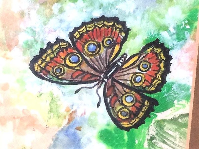 Vintage Butterfly Painting. Framed under glass & ready to hang. These cheerful creatures appear in vibrant colors. Signed by the artist. image 4
