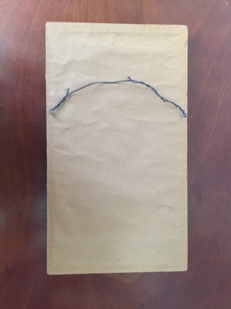 May include: The back of a framed picture with a brown paper backing and a black wire hanger attached.
