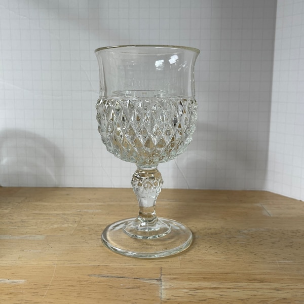 Diamond Point Goblet by Indiana Glass. Sparkly, vintage 1960s water, wine glasses with knobbed stem. Elegant dining. Replacement. No flaws.