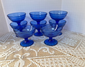 Moderntone Cobalt Pair, Pedestal Sherbets, Cobalt Blue Depression Glass by Hazel Atlas 1930s - 1940s. AKA Wedding Rings. 4 pair available.