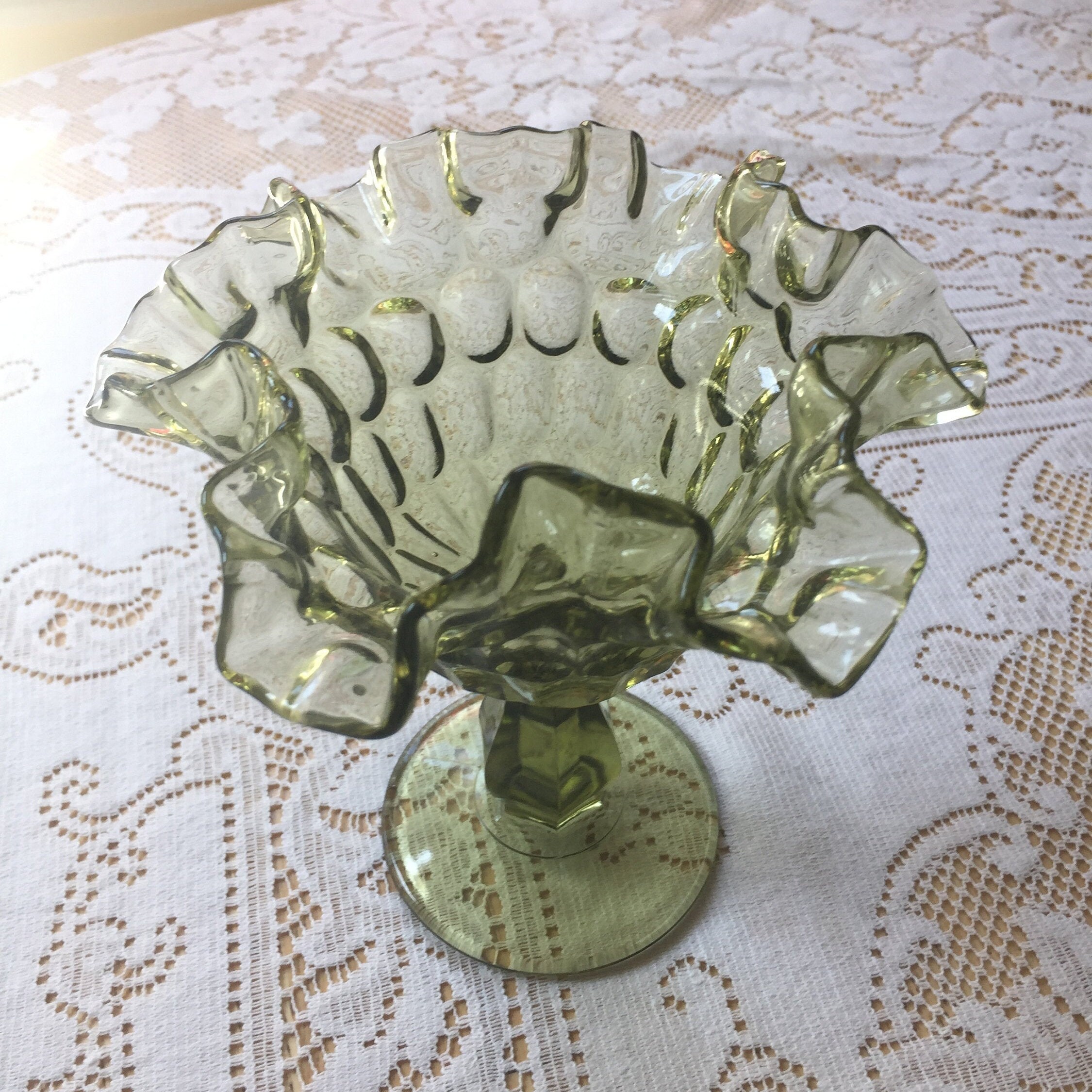 Fenton Pedestal Bonbon with ruffled edge. Avocado green candy dish with thumbprint pattern. Vintage MCM art glass. Perfect Condition.