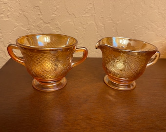 Carnival Glass, Iridescent Marigold or Amber Cream & Sugar Set in Normandie Bouquet and Lattice pattern by Federal Glass. Vintage 1930s.