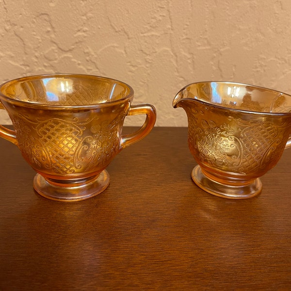 Carnival Glass, Iridescent Marigold or Amber Cream & Sugar Set in Normandie Bouquet and Lattice pattern by Federal Glass. Vintage 1930s.