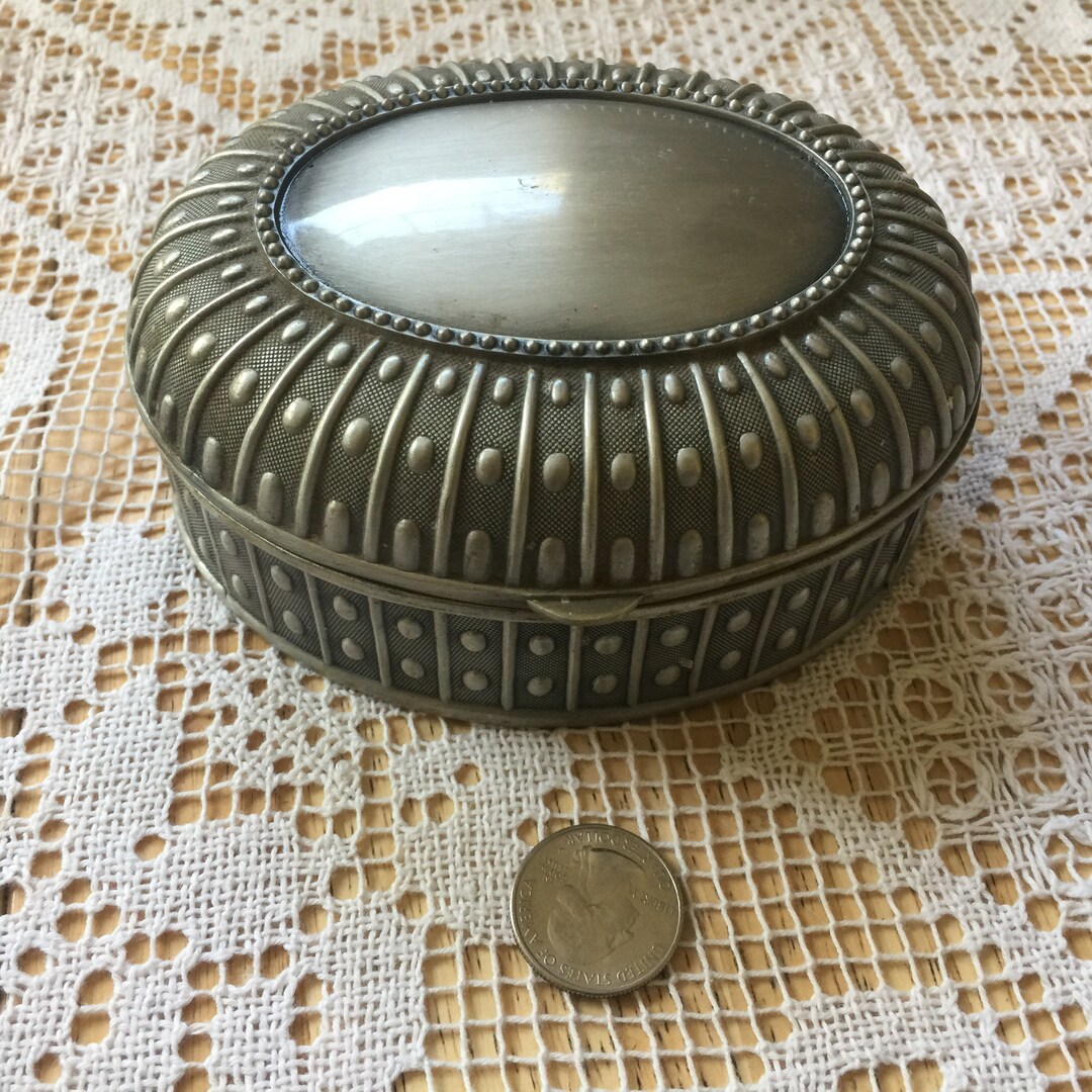 Vintage Pewter Jewelry Box. Unisex. Oval With Domed, Hinged Lid & Black